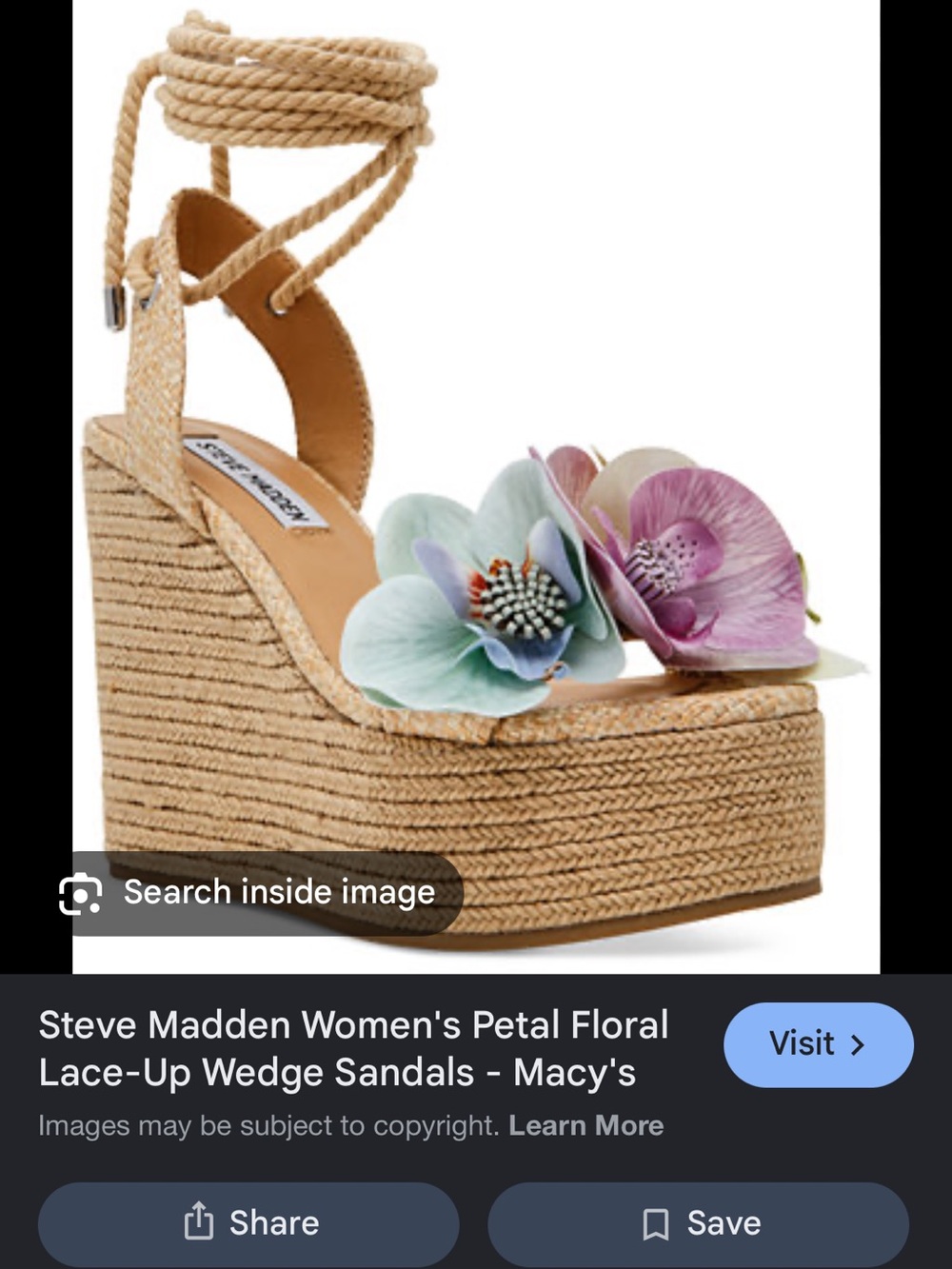 ISO Steve Madden Women’s Petal Floral Lace-Up Espadrille Wedge Sandals - Natural
